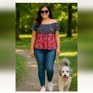 Woman Within floral red, black and white floral off shoulder top 4x.